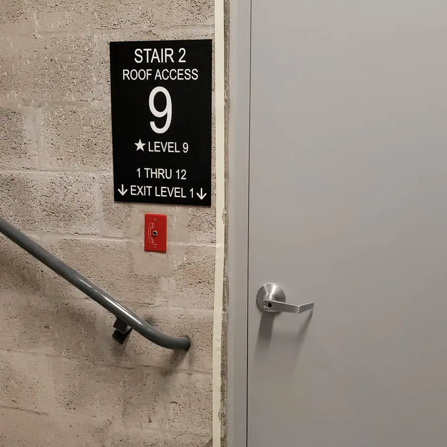 ADA stairwell sign: Stair 2, roof access, level 9