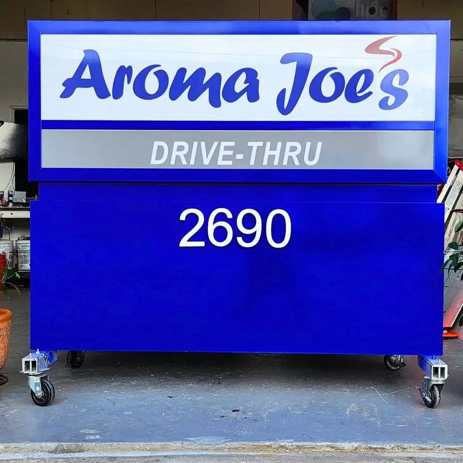 Aroma Joe's Drive-Thru pylon sign face in the workshop