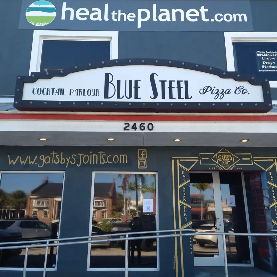 Blue Steel Pizza Co. storefront with illuminated cabinet sign