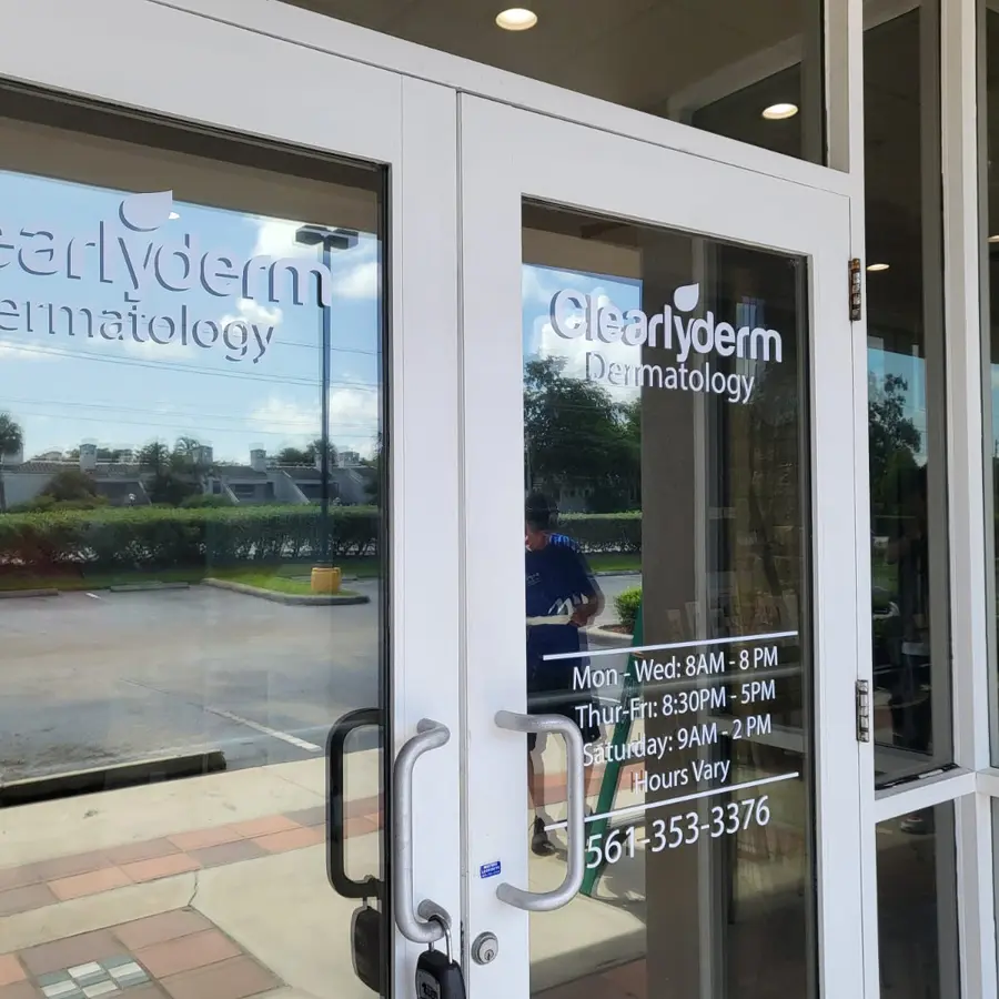 Clearlyderm vinyl lettering on glass entrance doors
