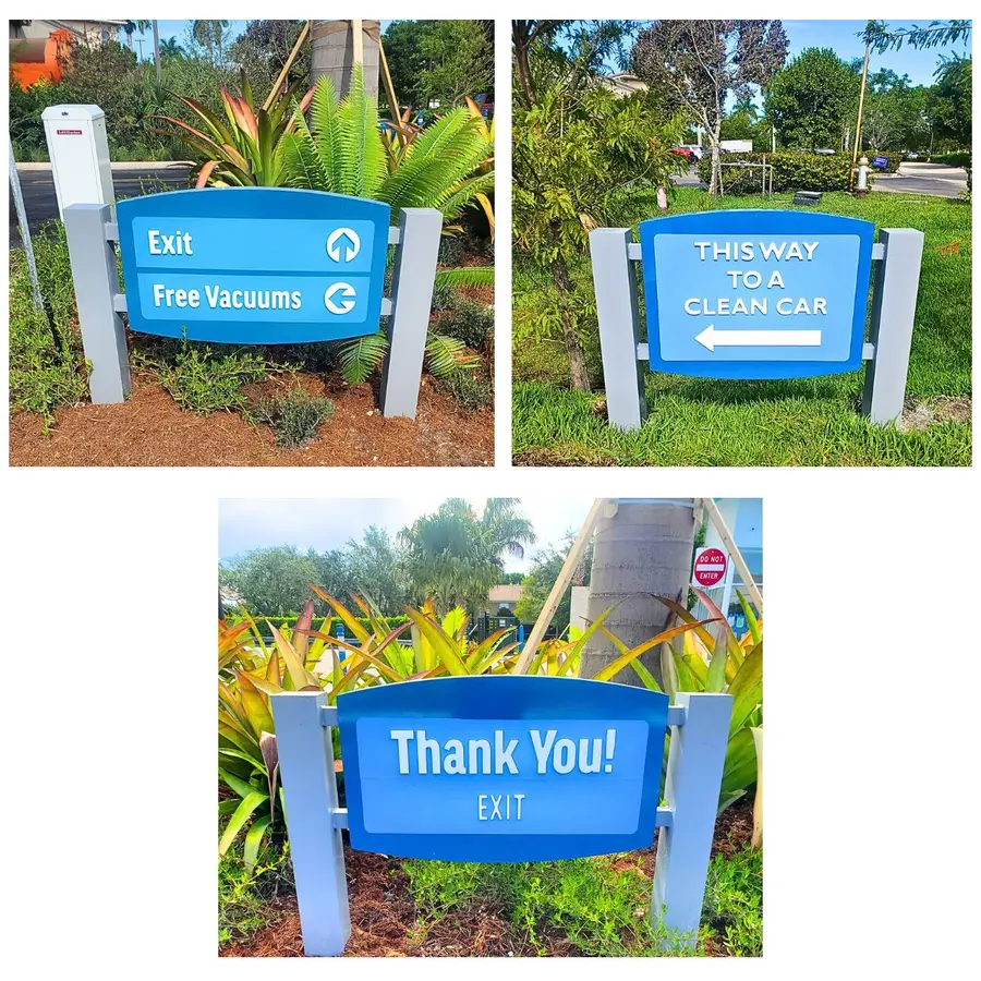 Rising Tide Car Wash directional signs: exit, this way, thank you